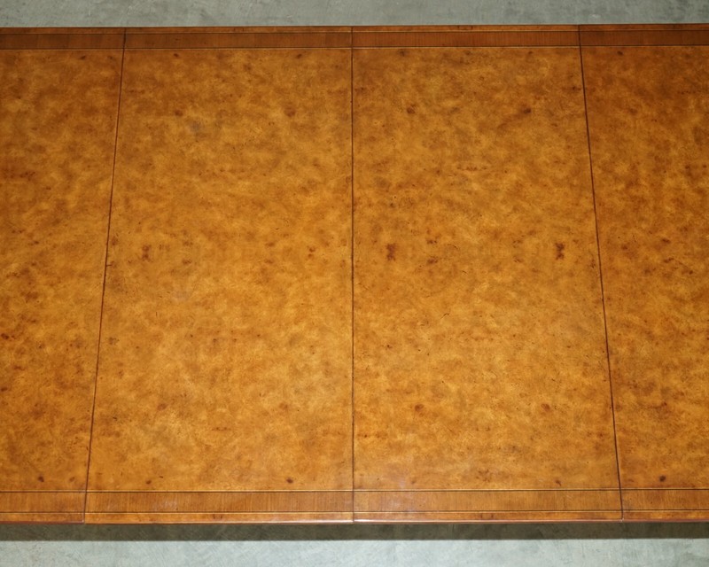 EXQUISITE TWO PEDESTAL BURR WALNUT EXTENDING DINING TABLE & 10 CHAIRS SUITE gallery