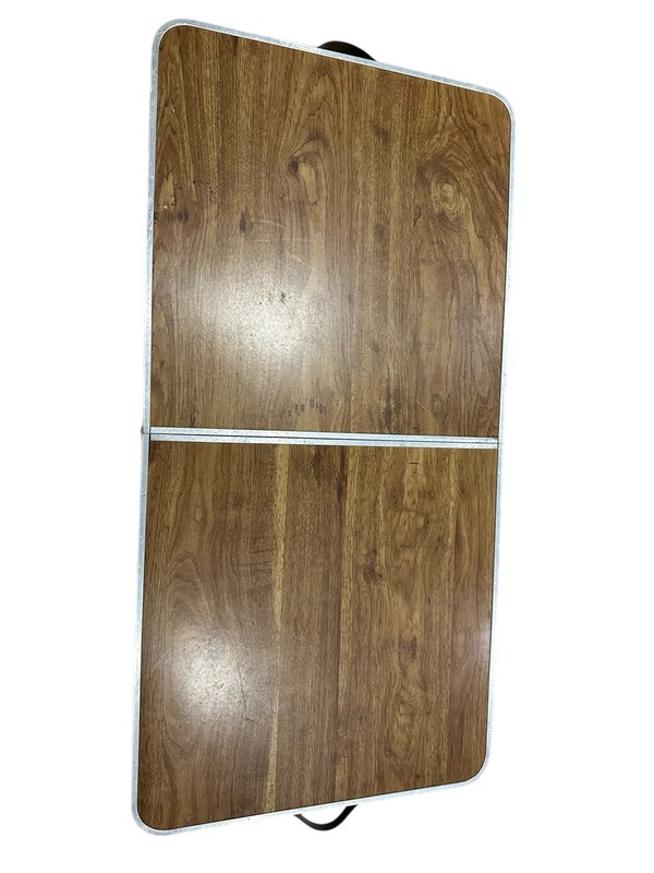VINTAGE MCM WOOD GRAIN ALUMINUM FOLDING TABLE 48 x 24 x28 CAMPING RV FOLD AWAY