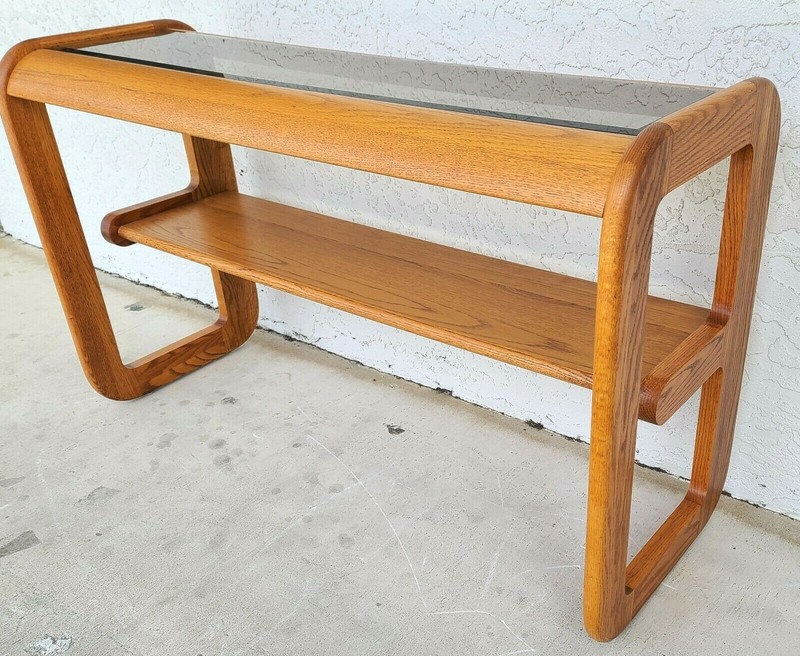 1970’s Mid Century Modern Hodges Mersman Oak Smoked Glass Console Sofa Table