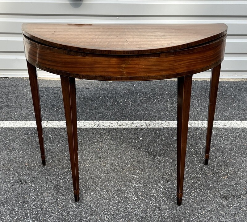 Antique Demilune Inlaid Mahogany Card Table W/Green Felt