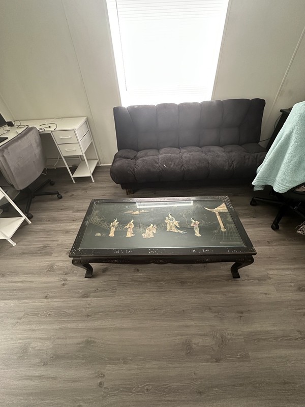 Vintage Black Lacquer Coffee Table - Mother of Pearl Inlay Hand-Painted Oriental gallery