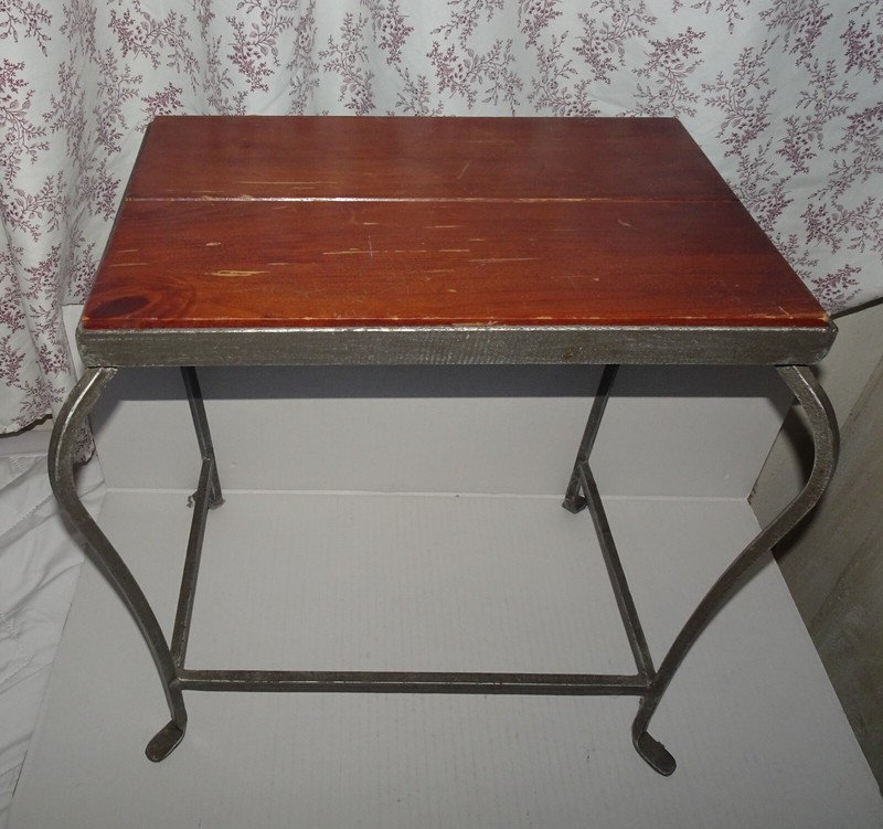 Vintage small side table with a Mahogany top and wrought iron Frame and legs