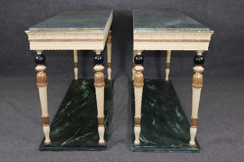Rare Pair of Marble and Faux Marble Paint Decorated Console Tables Manner Jansen gallery