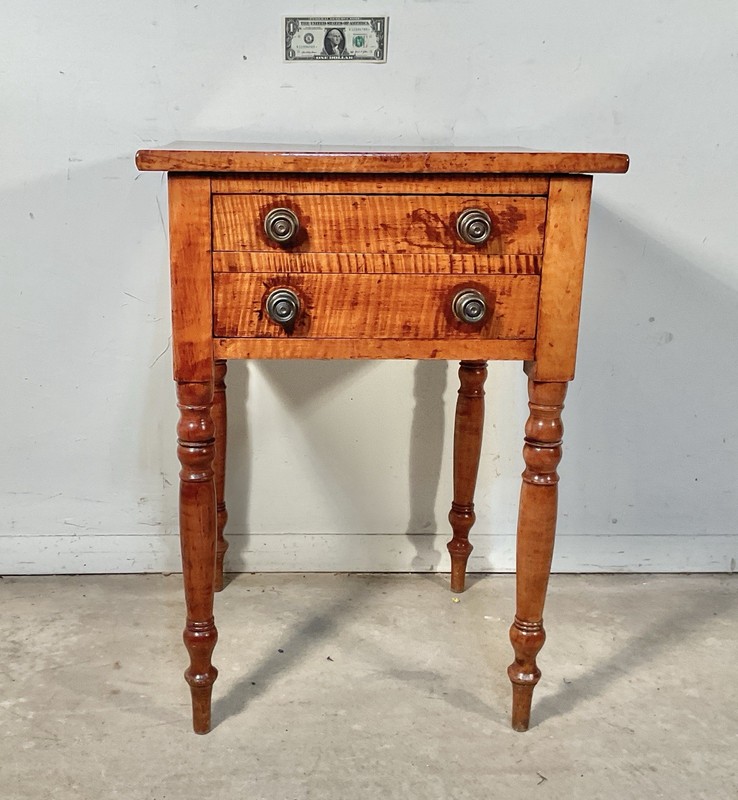 Antique tiger maple 2 Drawer table work Table sheraton 1820 New England