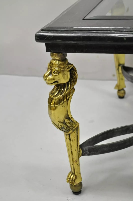 Italian Regency Style Brass Lion Marble Inlay Glass Top Steel Coffee Table gallery