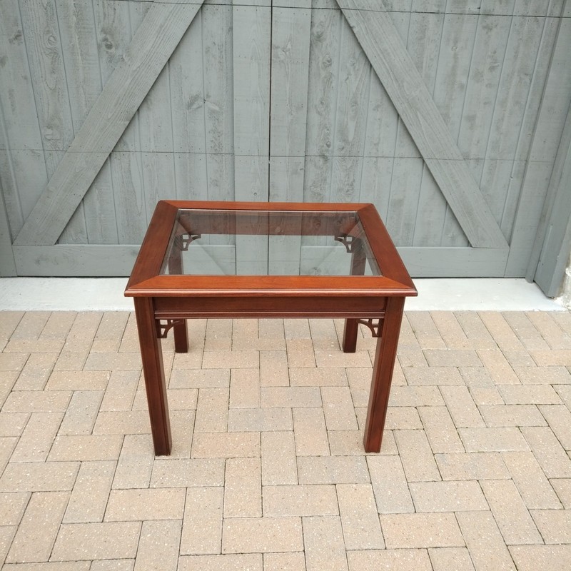 MAHOGANY CHIPPENDALE END TABLE WITH BRAND NEW GLASS TOP