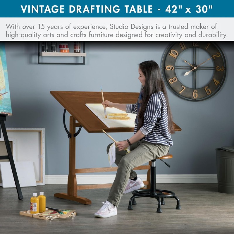 Antique Design Drafting Table with Pencil Groove Adjustable Angle Rustic Oak gallery