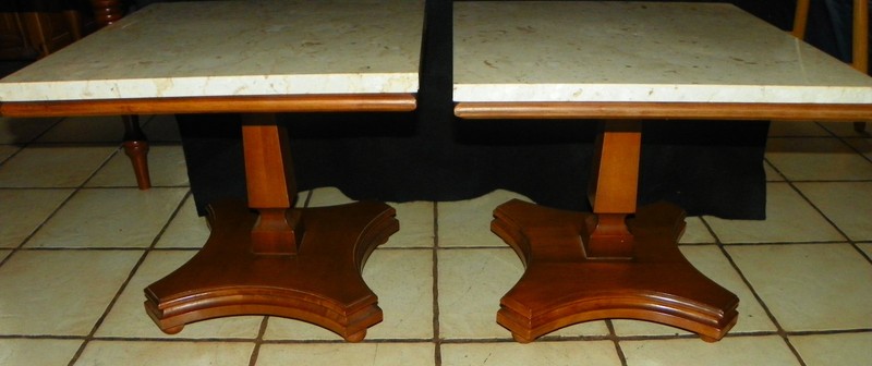 Pair Solid Cherry Mid Century Pedestal End Tables with Marble Tops (PT26)