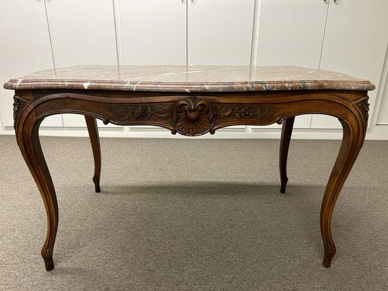 VINTAGE ANTIQUE FRENCH TABLE Mahogany Wood BROWN-CREAM-GRAY MARBLE TOP 1 Drawer
