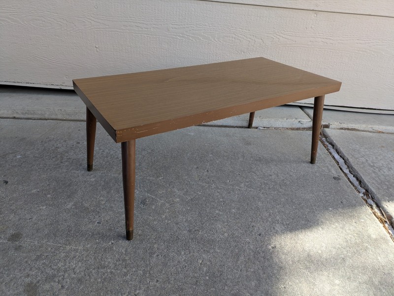 Vintage Plasco Mid Century Modern Formica Coffee Table Walnut Wood Legs