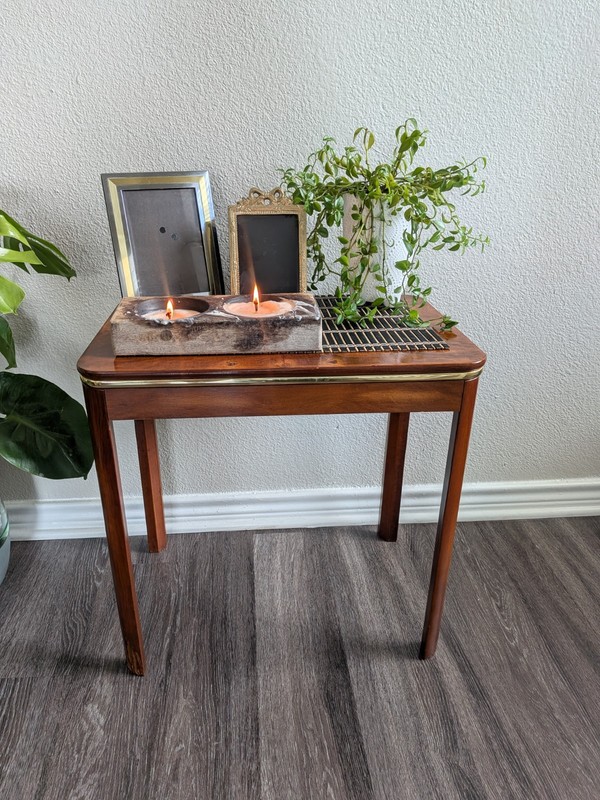 Mid-Century Modern Burr Walnut Side Table | Brass Trim | Vintage 1950s | Accent gallery