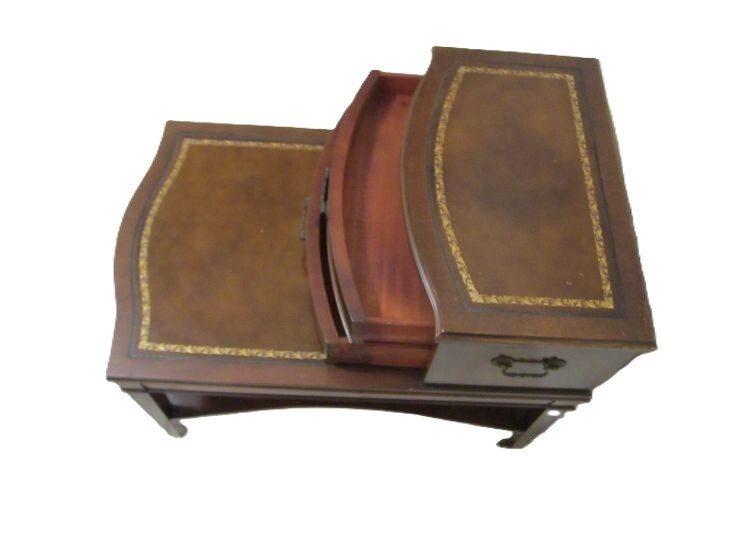 Antique Mahogany Wood Step Back Side Table Leather Inlay Wheels Tiered 2 Drawer gallery