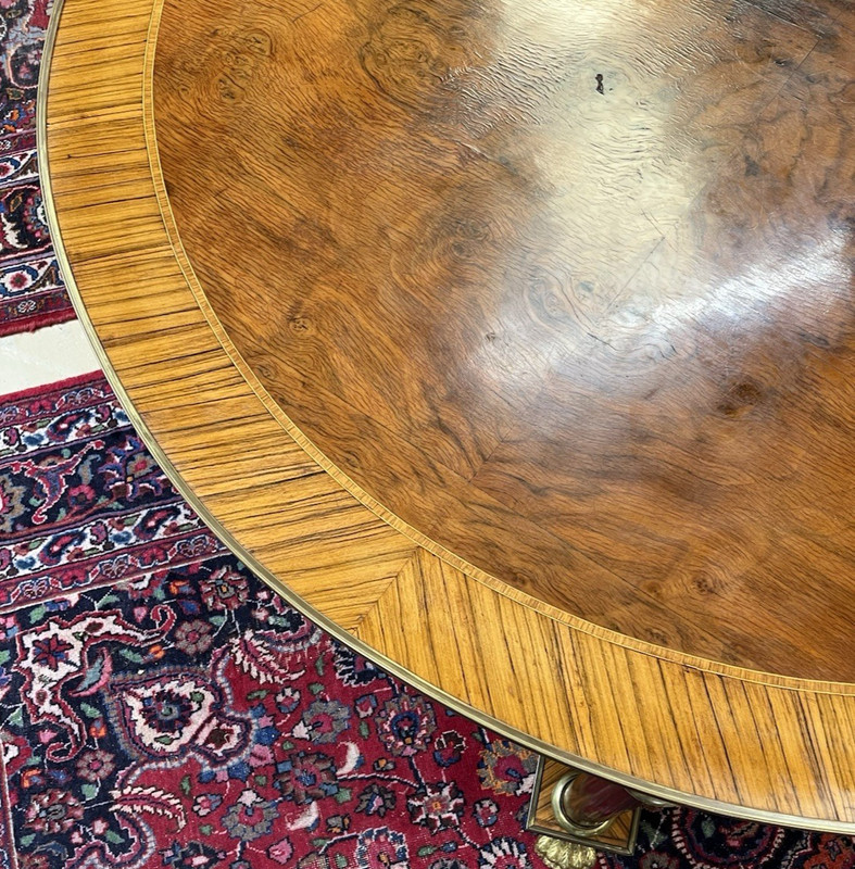 66" LARGE ROUND EMPIRE STYLE FIGURED BURL WALNUT CENTER ENTRYWAY TABLE gallery