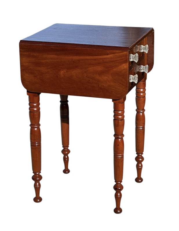 ANTIQUE SHERATON VERMONT MAHOGANY DROPLEAF WORK TABLE WITH SANDWICH GLASS PULLS gallery