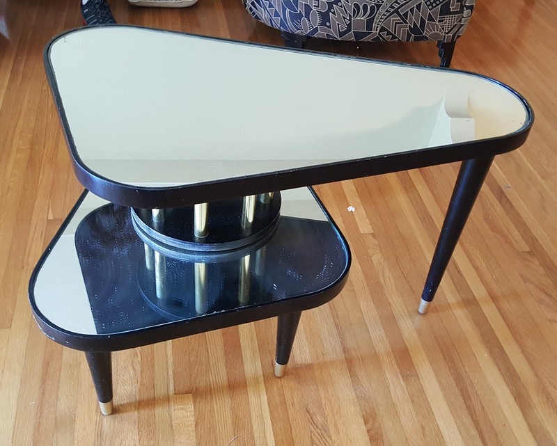 VINTAGE ANTARES TRIANGULAR EBONIZED LACQUERED MIRROR TOP SWIVEL SIDE TABLE gallery