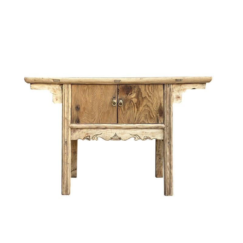 Chinese Vintage 2 Doors Raw Wood Rustic Low Side Table cs7167