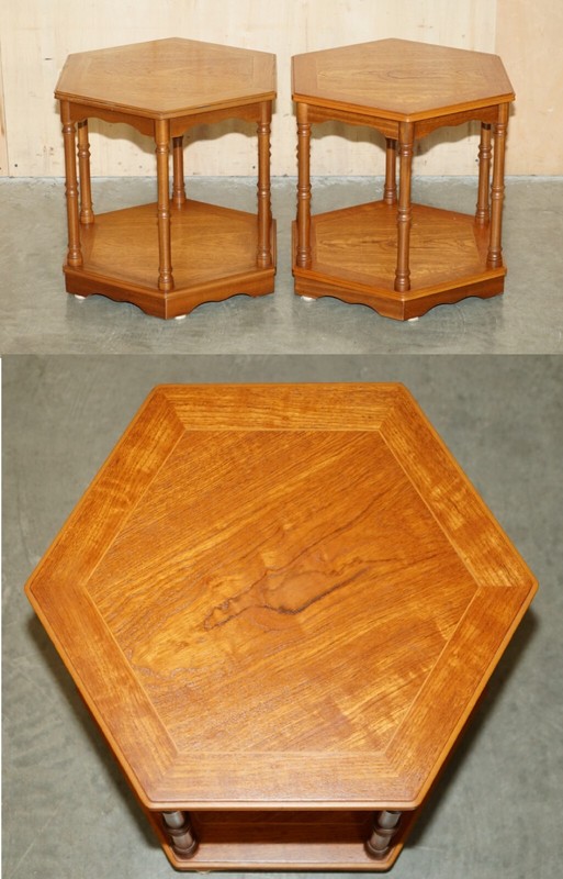FINE PAIR OF VINTAGE HEXAGONAL SIDE END TABLES WITH CHIPPENDALE BAMBOO PILLARS
