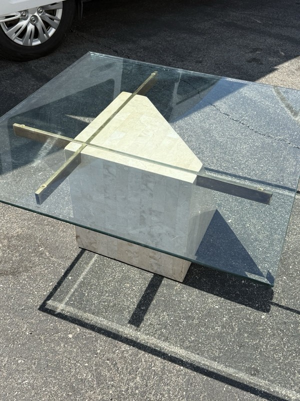 Vintage Travertine Coffee Table With Brass Supports Glass Top MCM gallery
