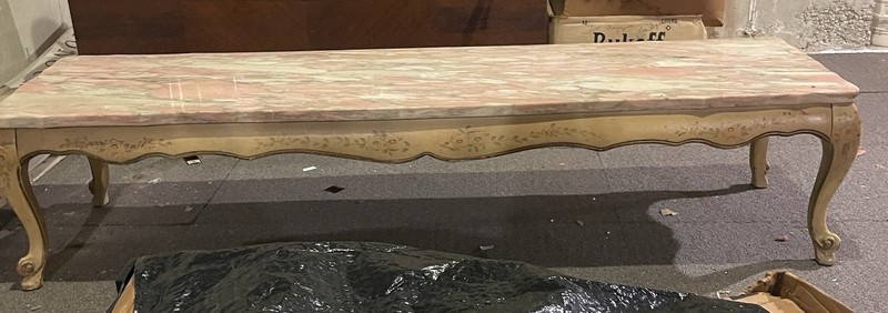 Antique French Marble Top Accent and Coffee Table Set, Wood, Carvings, Pair gallery