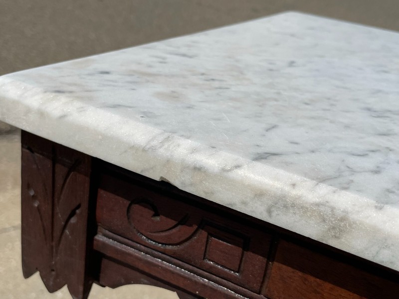 Antique Victorian Gothic Italian White Marble Top Burl Mahogany Wood 29" Table gallery