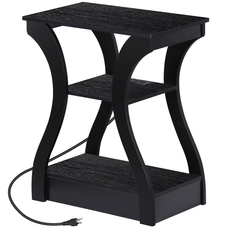 End Table w/ Charging Station Black 3 Tier Side Table Nightstand for Living Room