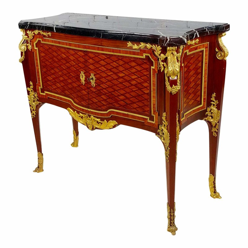 19th century French Cabinet double door w/Gilt Bronze Ormolu & Marble top-Signed