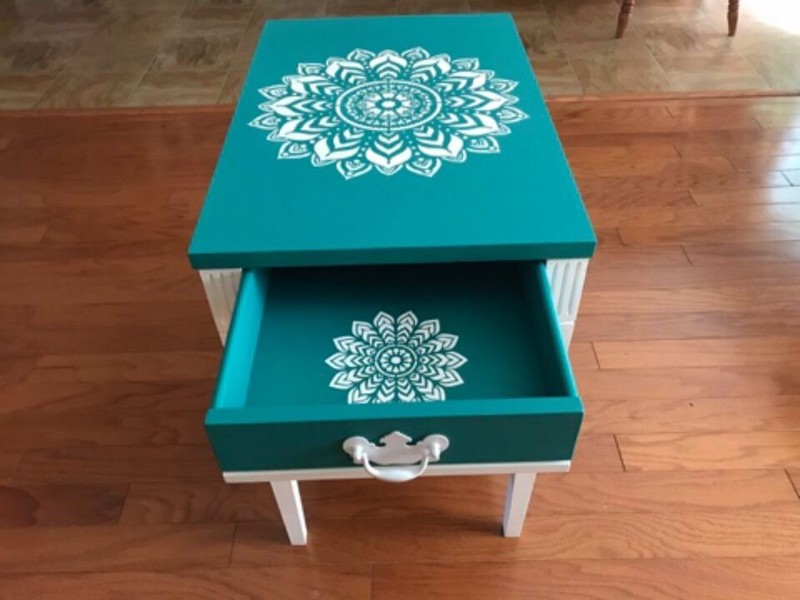 Hand Painted Striking Teal & White French Lace Side Table With Drawer gallery