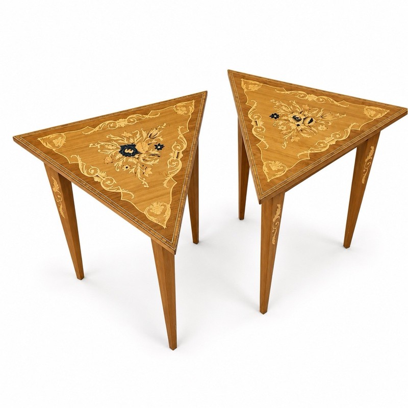 Vintage Set 2 Italian Marquetry Triangle Side Tables Pair 17” Floral Inlay Rare