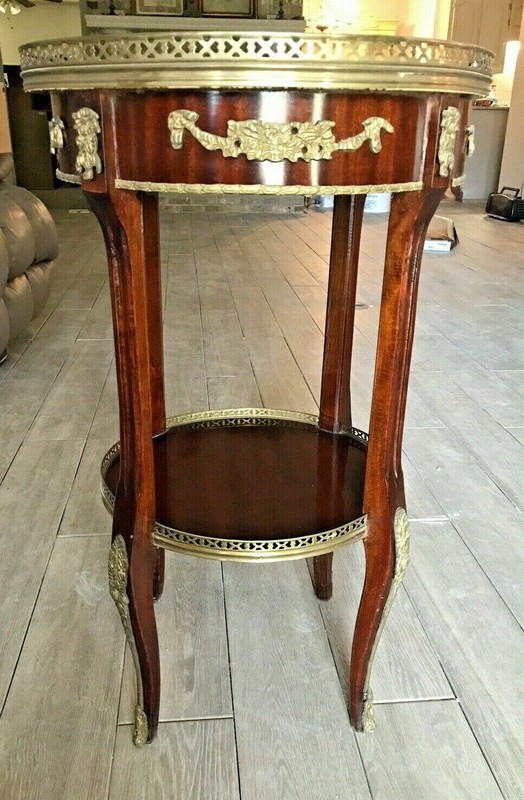 PU ONLY! Wooden Mahogany Round 2-Tier Table with Leather Inlay & Brass Accents