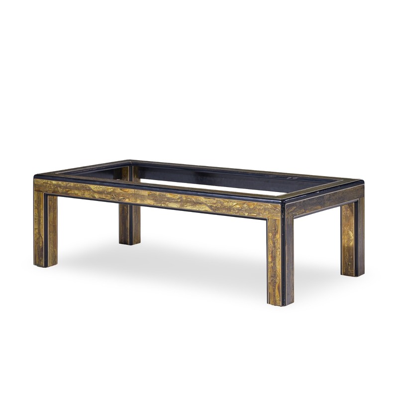 Bernhard Rohne Mid Century Acid Etched Brass and Glass Coffee Table gallery
