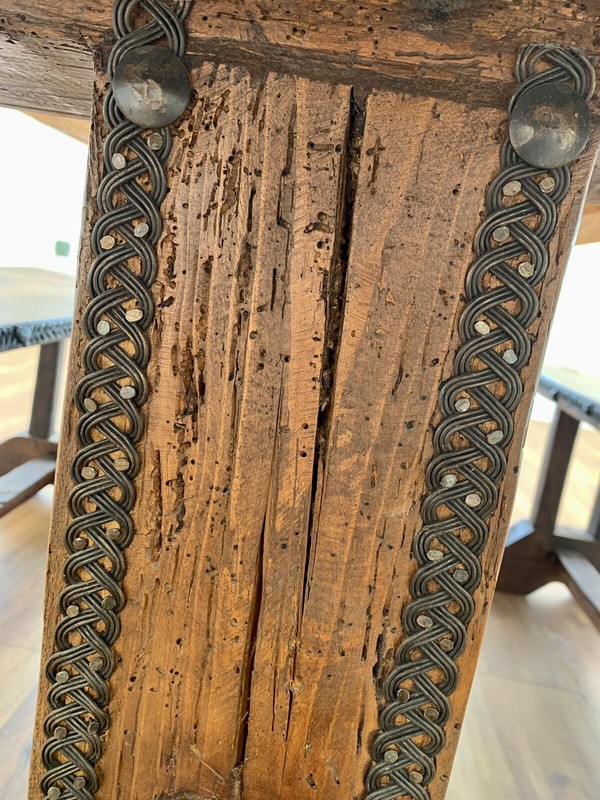 Antique 18th Century Handcrafted Walnut Farmhouse Dining Room Table & Benches gallery