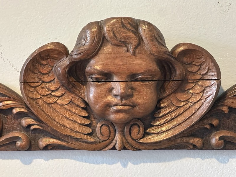 Architectural Salvage Carved Walnut, Cherub, Angel Renaissance Wall Plaque 44” gallery