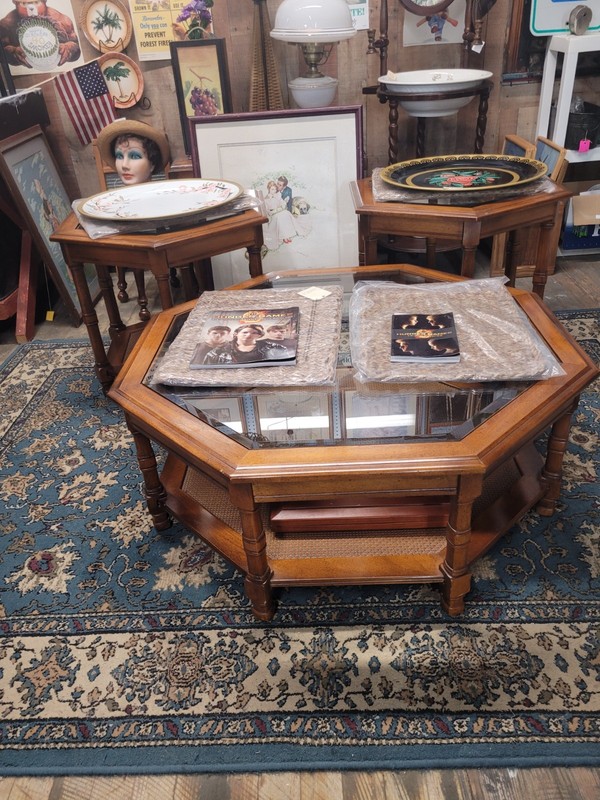 Mid-Century Modern Walnut OCTAGON Glass Top Coffee Table + 2 Ends PICKUP ONLY