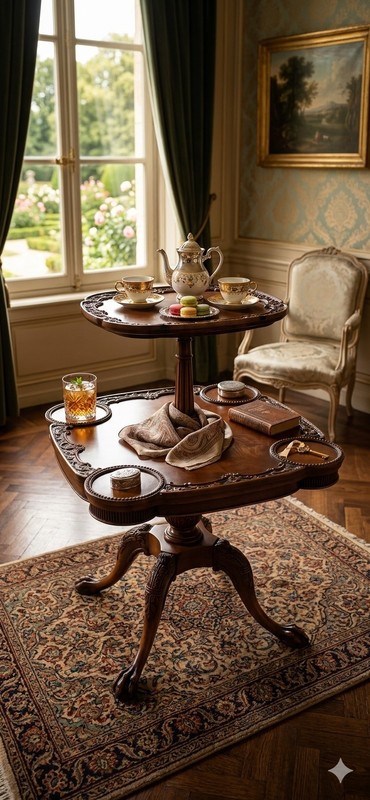 Antique  two tier occasional  table with  beautiful  carved wood gallery