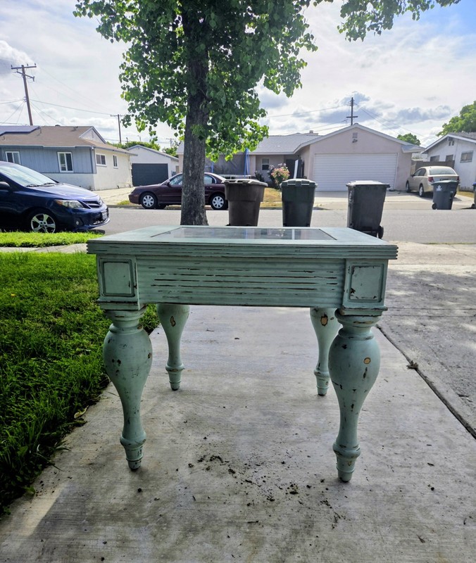 Vintage Rustic Style Chic Light Blue Side Table W/Glass Top gallery