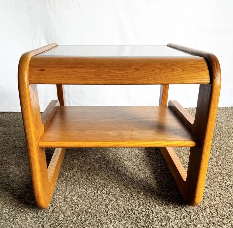 Mid Century Modern Oak Side Tables With Smoked Glass Top by Lou Hodges - A Pair gallery