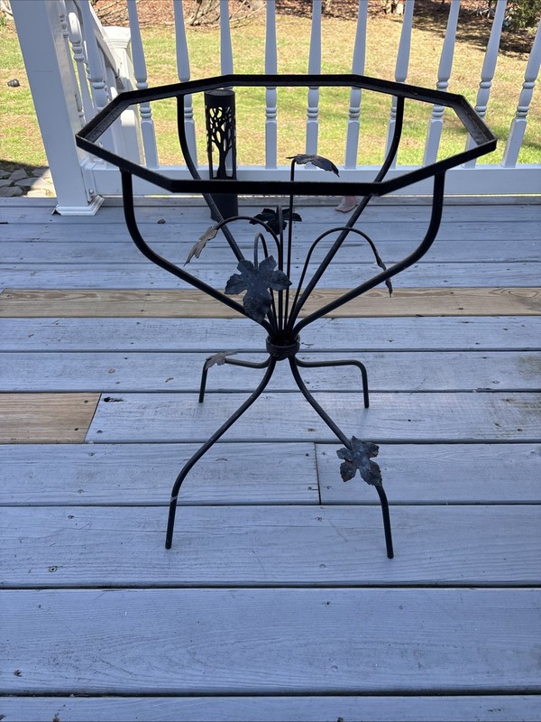Vintage Wrought Iron & Glass Pedestal Plant Stand Table Ivy Leaves