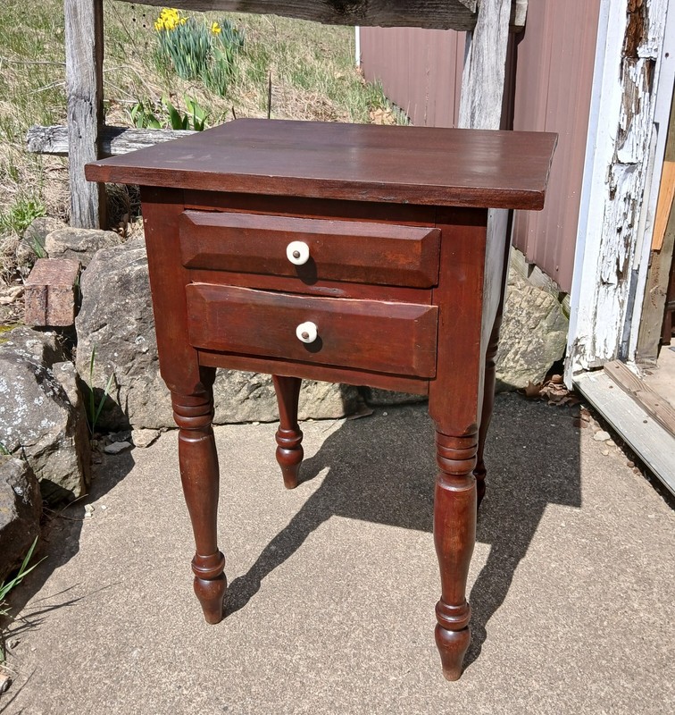 Antique Primitive Two Drawer Stand in Old Dark Red Finish 1850s Era