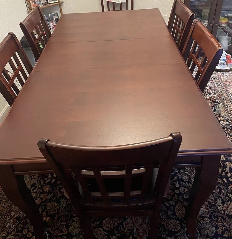 Wooden Dining Table, Includes 6 Chairs, Minor Scratches And Color Wear On Chairs gallery