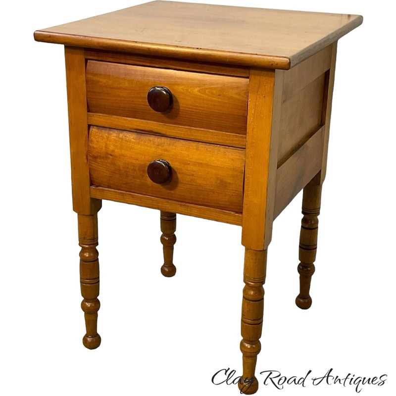 Antique New England Maple Night Stand Work Table 1830s 2 Drawer Country Pub
