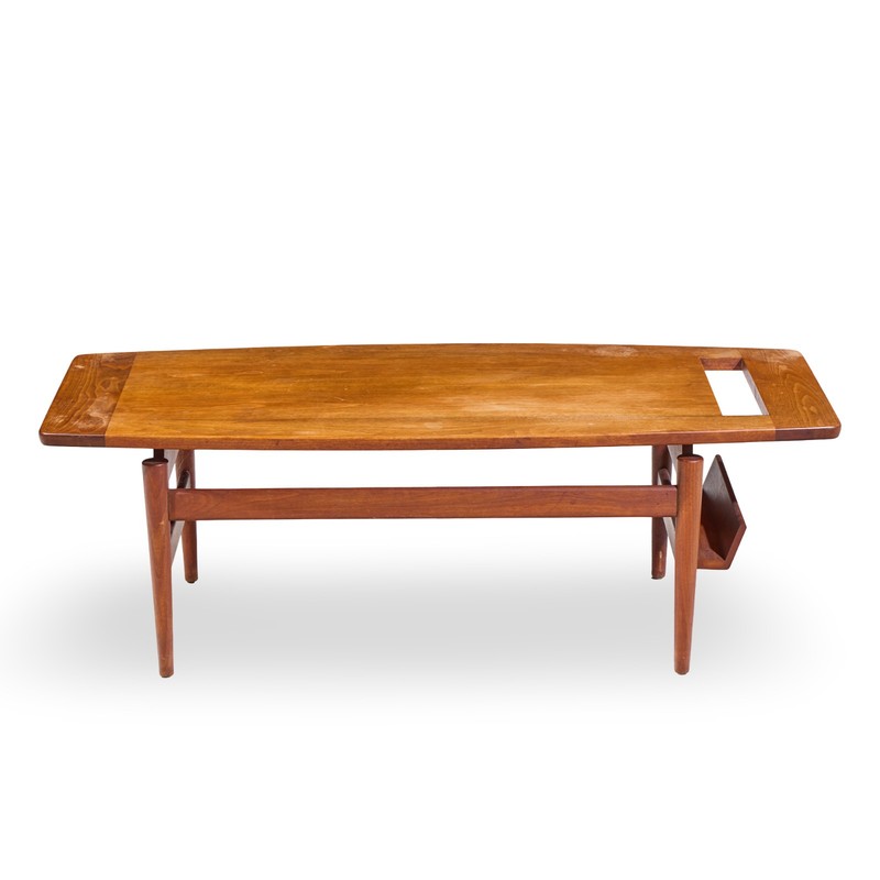 Jens Risom Model T-390 Mid Century Walnut Coffee Table with Magazine Rack gallery