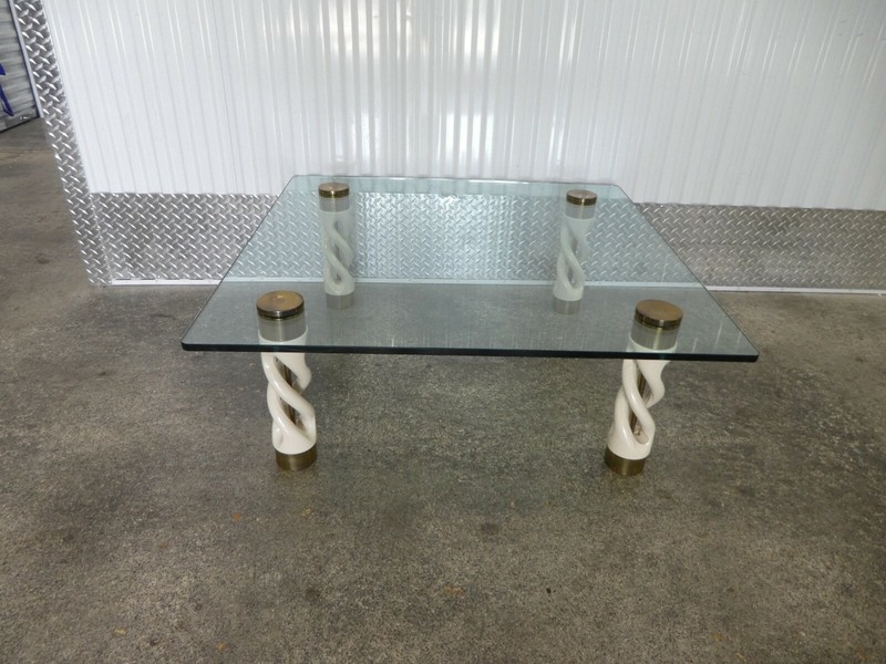 1970’S DESIGNER TWISTED WHITE PORCELAIN AND BRASS SQUARE COFFEE TABLE