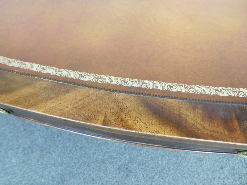 Brandt Antique 46" W 1940s Regency MCM Mahogany Tooled Leather OVAL Coffee Table gallery