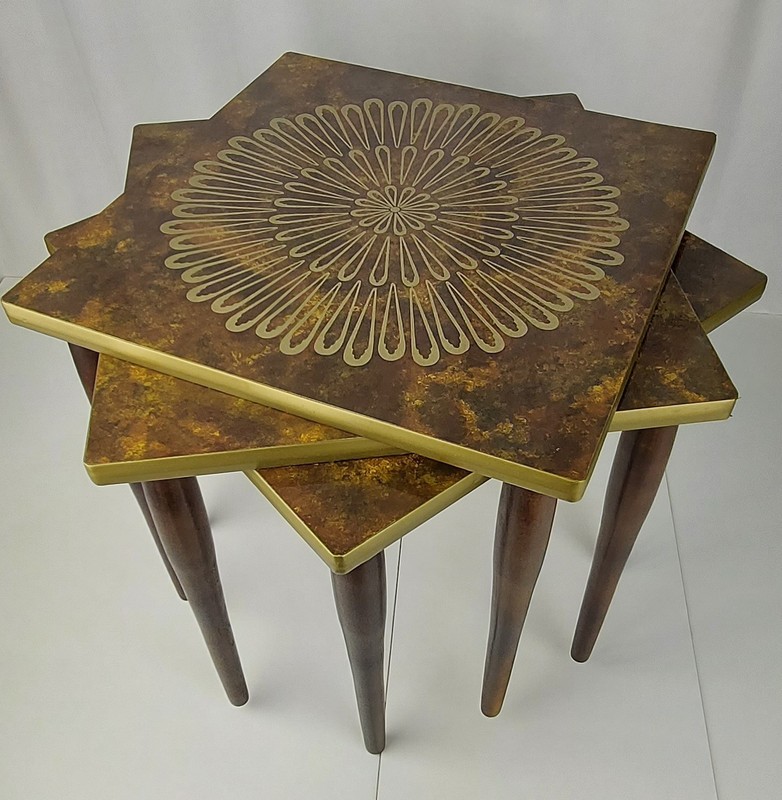 Vintage MCM Set Of 3 Faux Marble Wood Formica Nesting Stacking Tables 15×15 EUC