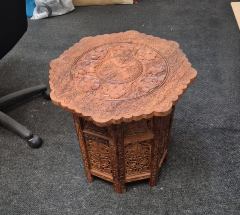 Vintage Indian Hand Carved Octagonal Side Table 19″H×19″W Go