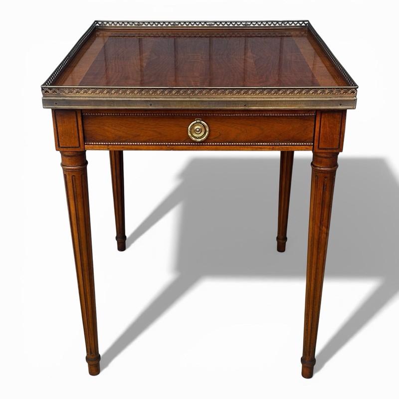 Baker Furniture Square Milling Road Louis XVI Bouillotte Accent Table 26″ Walnut
