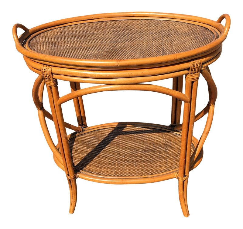 Bamboo and Rattan Wicker Oval Bar Cart With Removable Serving Tray