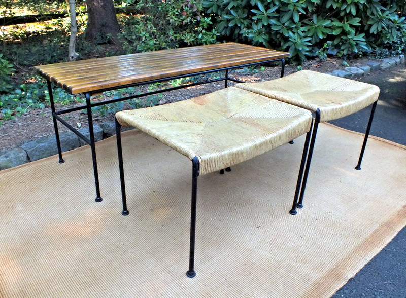 MCM Arthur Umanoff Bench with Iron Base and Two Nesting Stools gallery