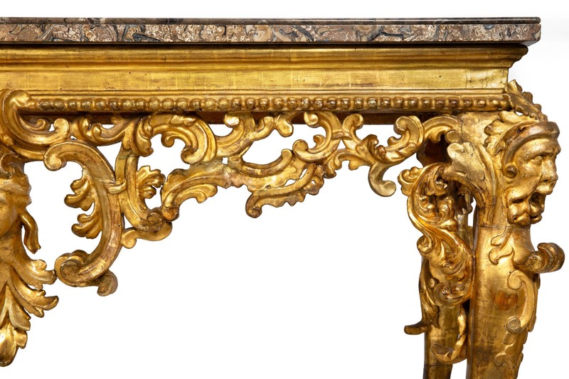 Rare Italian Rococo Giltwood Fossilized Marble Console Table ca. 1750 gallery