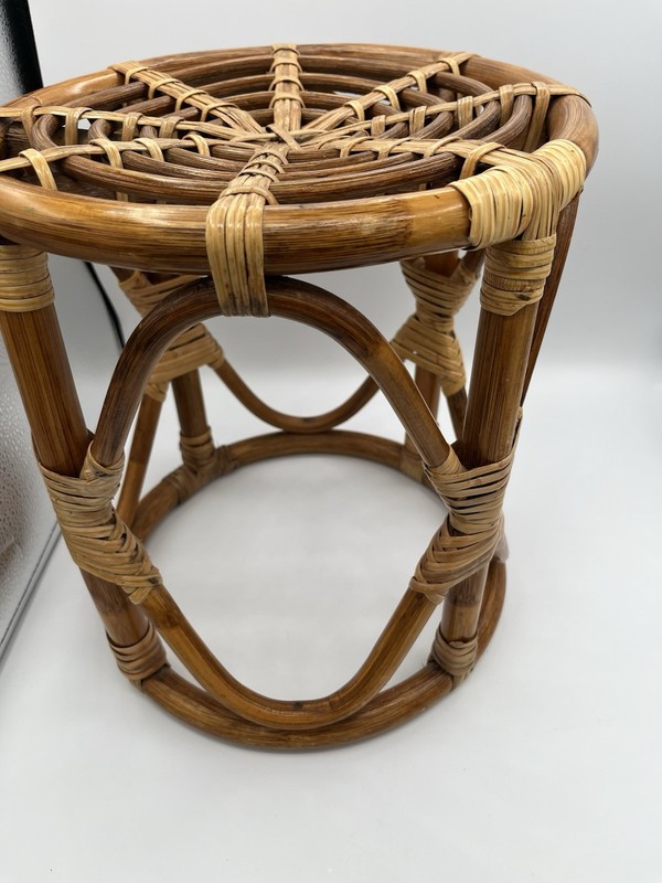 Vintage MCM Boho Chic Bamboo Rattan Round Table Stool Coastal Tiki Plant Stand gallery